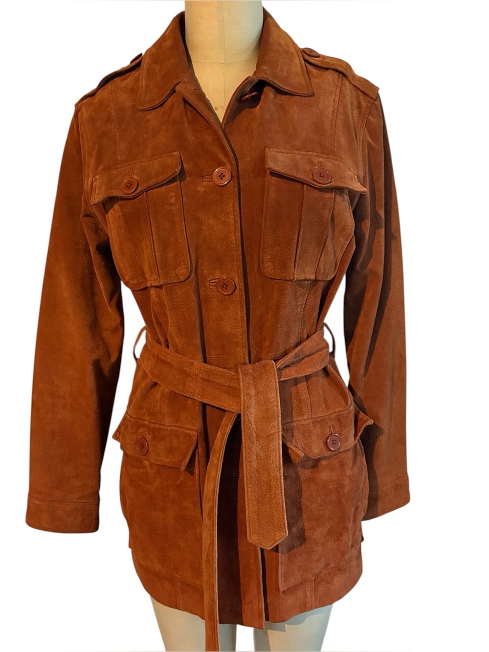 Suede Belted Safari Jacket - Rust